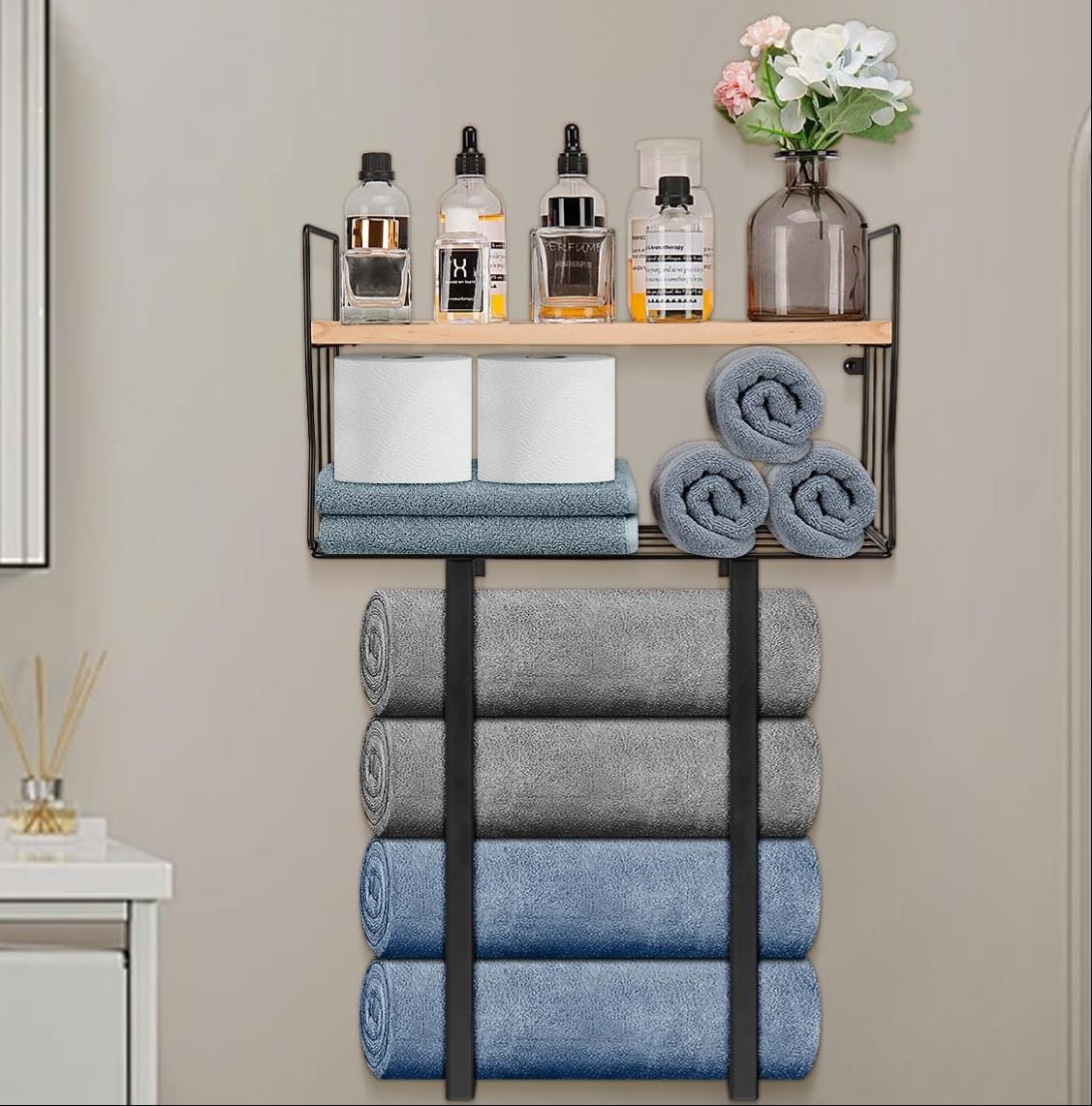 Rolled Towel Rack With Storage Basket